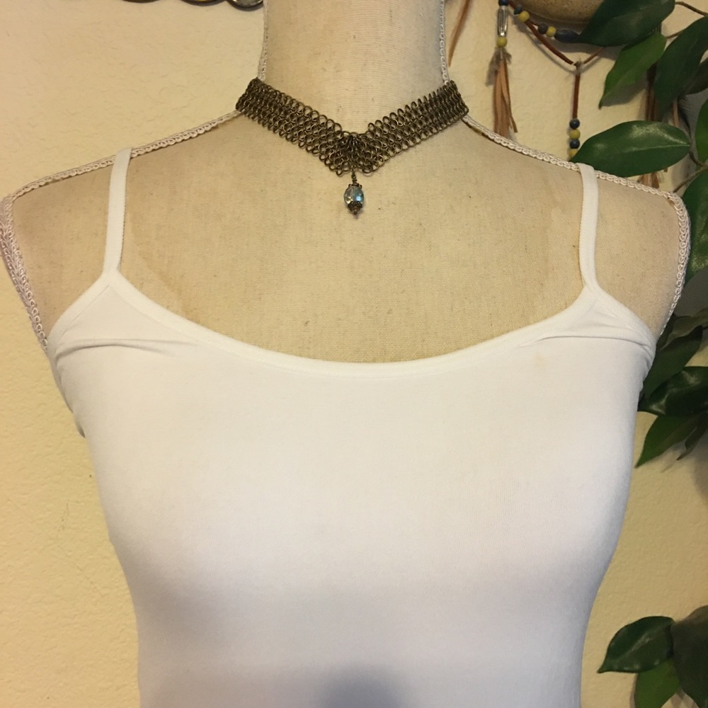 Vintage brass chain mesh antique blue glass choker - Picture 3 of 10